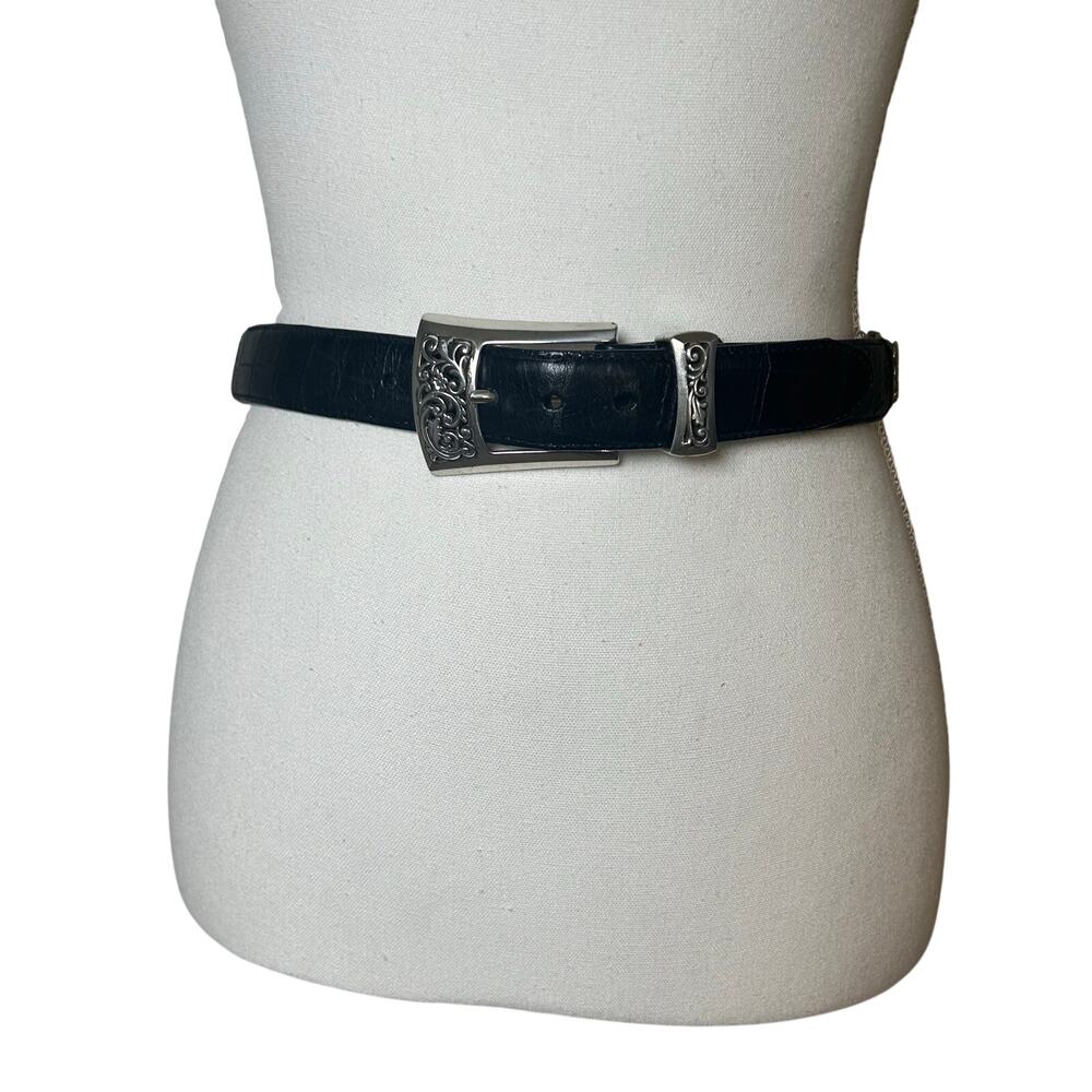 Brighton black leather silver metal segmented floral western belt size S (28)